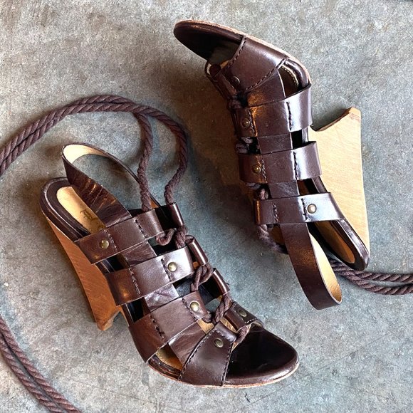 L.A.M.B. Brown Leather Wedge Sandals - Picture 1 of 6